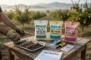 Close-up of fertilizer bags labeled with N-P-K ratios on a wooden table in an