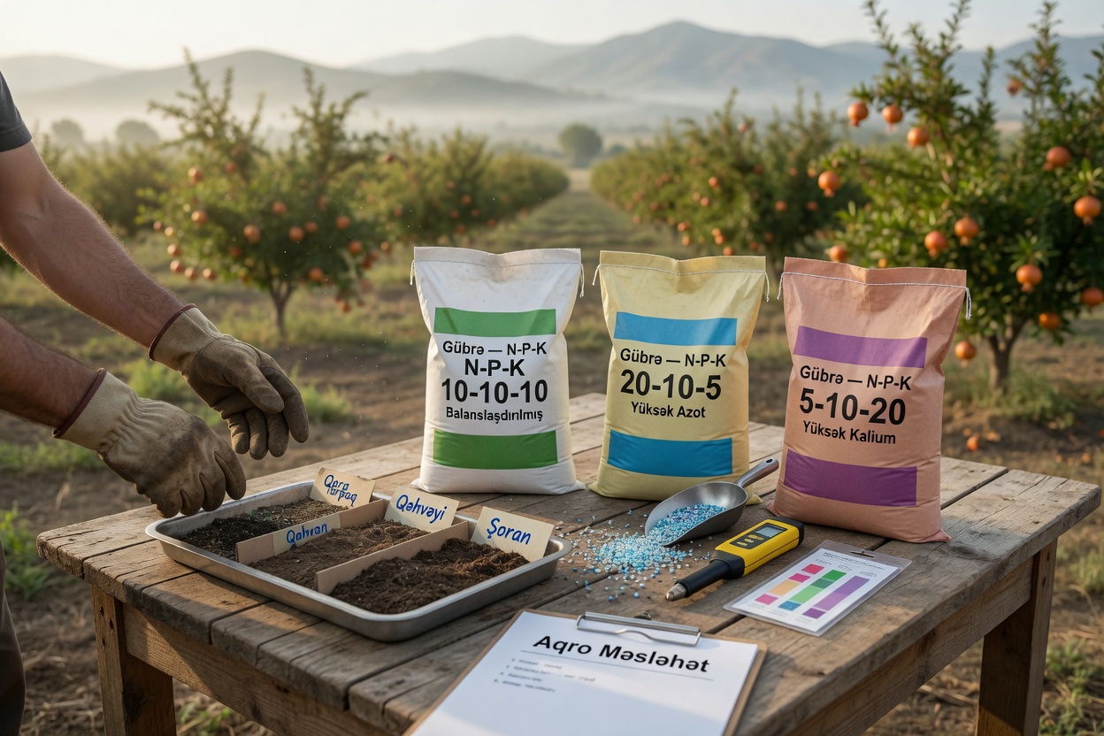 Close-up of fertilizer bags labeled with N-P-K ratios on a wooden table in an