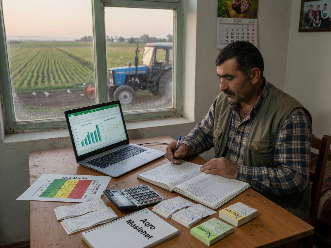 A farmer in a farmhouse office reviews a budget ledger, receipts, a risk matrix,