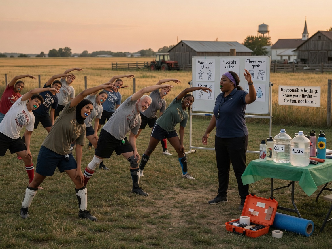 A documentary-style photo of a rural community sports warm-up with proper gear, a hydration